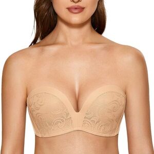 Strapless Bra Plunge Push Up for Big Busted Lace Slightly Lined Support Lift